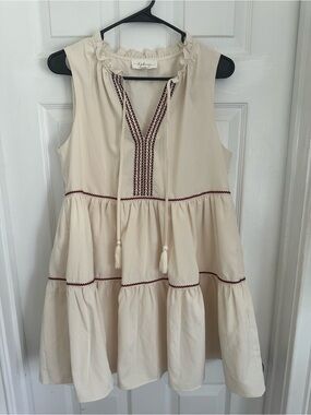 Boutique Cream Sleeveless Tiered Peasant Dress with Embroidered Trim